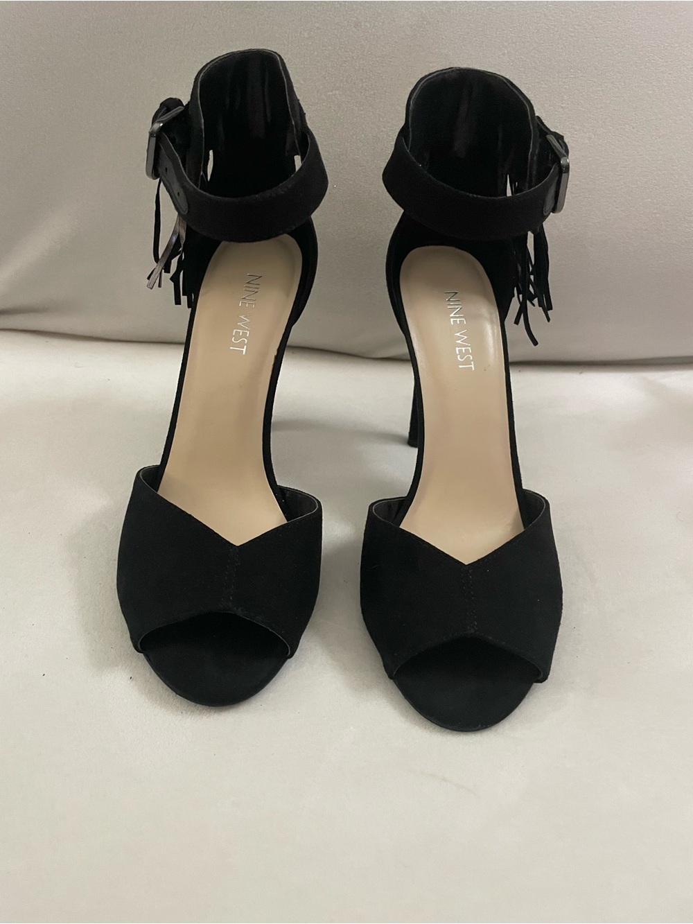 Nine West Black Suede Open-Toe Ankle-Strap Heels Size 6.5 Fringed Detail